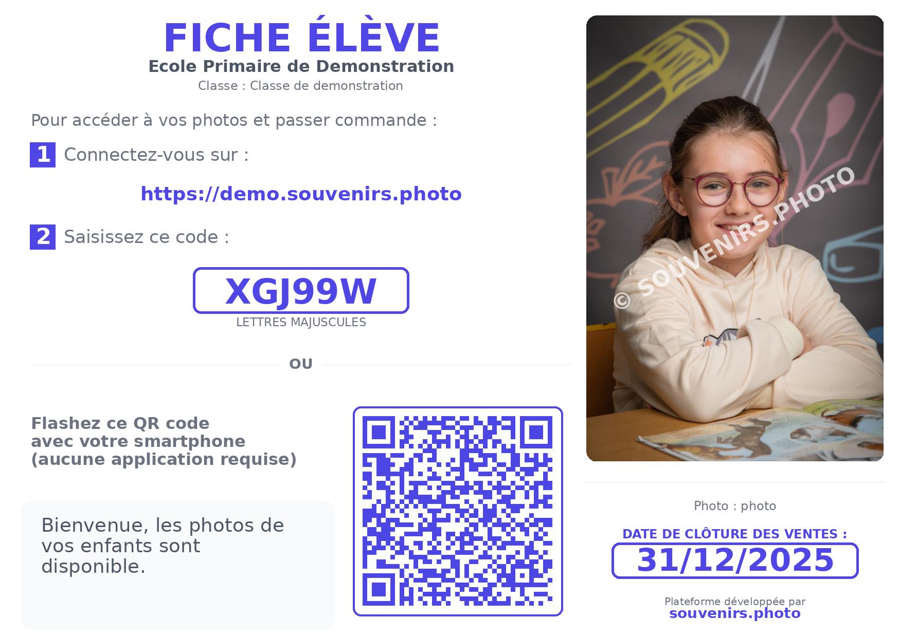 Exemple de fiche d'accès photo scolaire avec code élève et adresse du site
