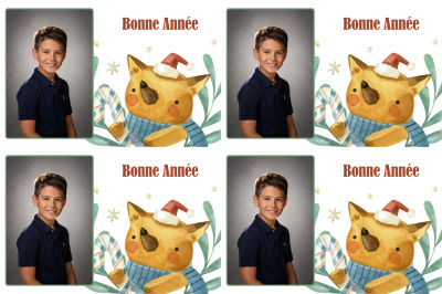 Planche 4 cartes de vœux - Renard de Noël (photo portrait)