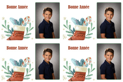 Planche 4 cartes de vœux - Chaussette de Noël (photo portrait)