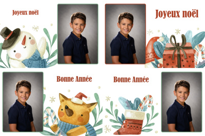 Planche 4 cartes de vœux - Aquarelle 4 décors (photo portrait)