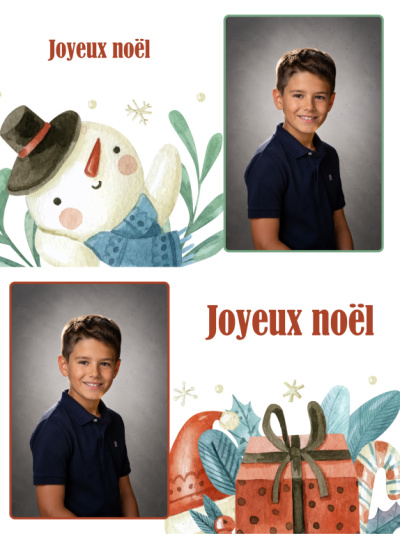 Planche 2 cartes de vœux - Joyeux Noël aquarelle (photo portrait)